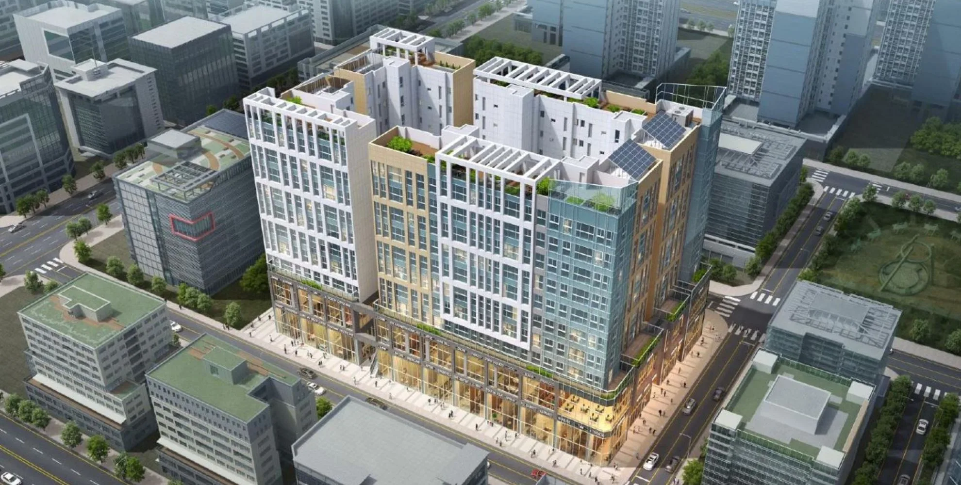 송도 월드메르디앙 에클라 단지 조감도 - 4개동 128세대 남향 배치